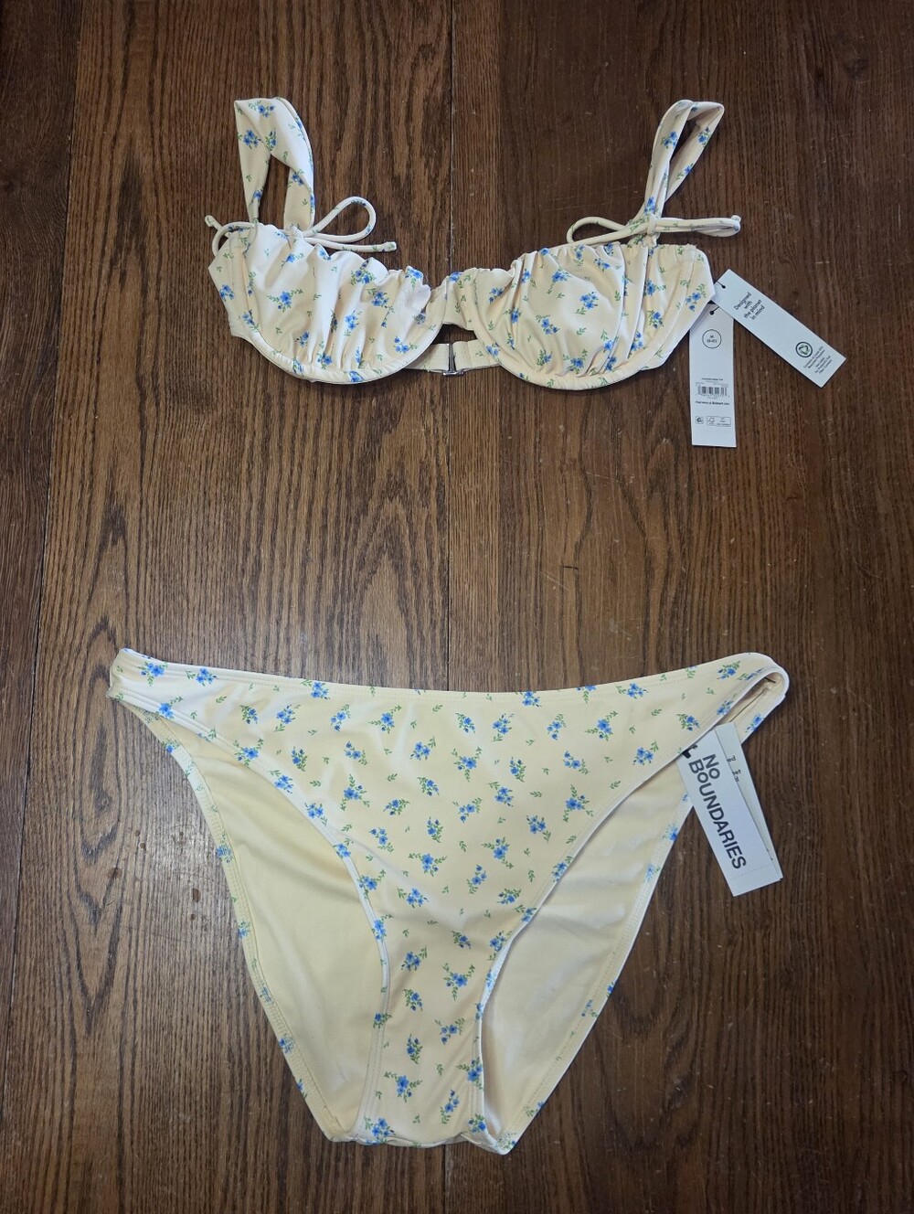 NWT No Boundaries Butter Yellow + Blue Floral Bikini, Med Top, XL Bottom